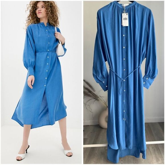 Mango Modal Oversized Dress Belted Blue - Picture 1 of 9